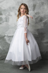 3D Flower Embroidery First Communion Dress with 3/4' Sleeves