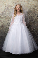 Embroidered top with long sleeves and Tulle skirt First Communion dress