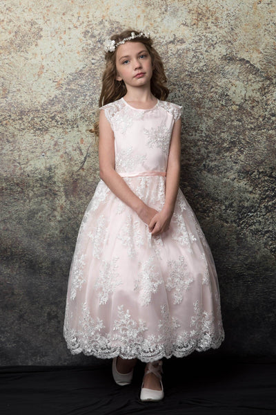 Blush pink tulle flower girl dress, White lace flower girl dress