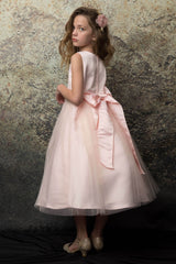 Satin and Tulle skirt Blush Flower Girl Dress with Rhinestone Belt