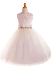Sequin Lace Top with Rhinestone Belt Accented First Communion Dress