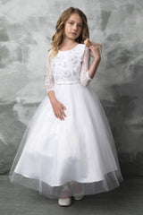 3D Flower Embroidery First Communion Dress with 3/4' Sleeves