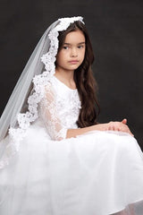 3D Flower Embroidery First Communion Dress with 3/4' Sleeves