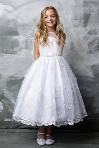 Embroidered First Communion Dress with Pearl Belt