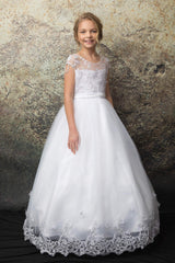 Pearl Shoulder Accent w/ Embroidery Top First Holy Communion Dress