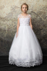 Pearl Shoulder Accent w/ Embroidery Top First Holy Communion Dress