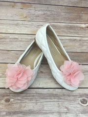 Quilted Flower Girl Shoes With Chiffon Flower