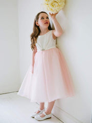 Satin Pleated Flower Girl Dress with Organza Skirt