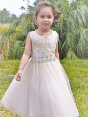 Sequin Lace Top with Rhinestone Belt Accented First Communion Dress